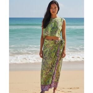 Boho Paisley Mandala Wrap Skirt Beach Resort Wear Green and Pink OSFM